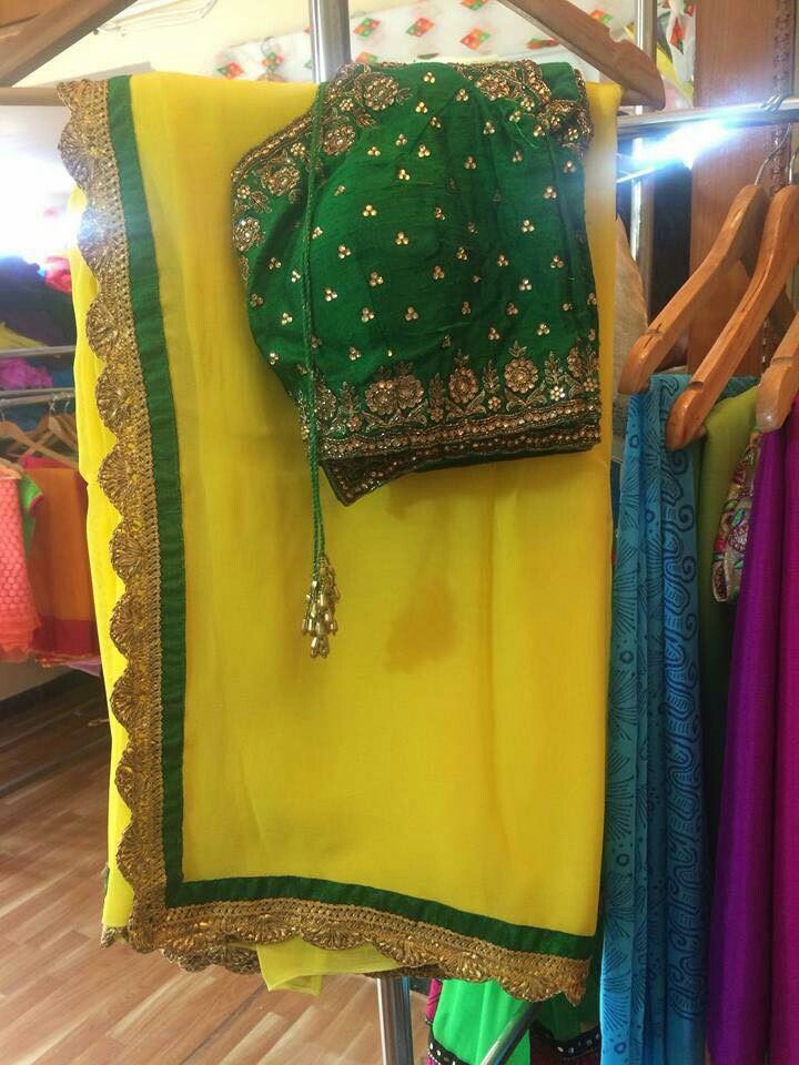 Yellow and green Yellow Green Saree, Yellow And Green Outfit, Simple Saree Blouse Designs, Plain Chiffon Saree, Mirror Work Blouse, Indian Bridal Sarees, Best Blouse Designs, Fancy Sarees Party Wear, Simple Sarees