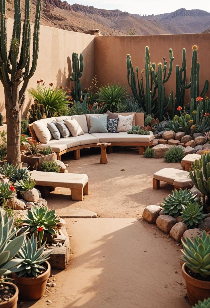 an outdoor seating area with cactus and succulents