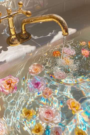 a sink filled with lots of water and flowers floating on it's side,