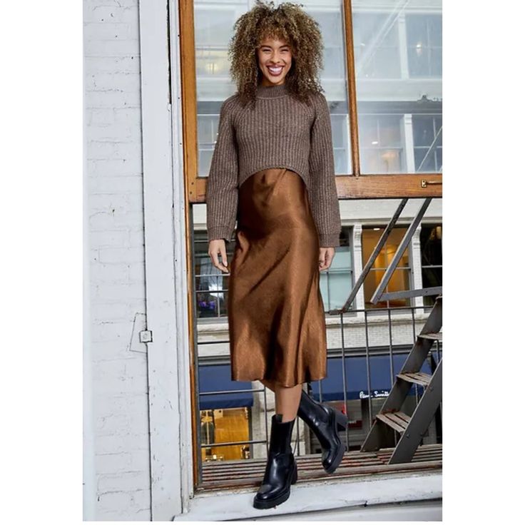 Brand New. Brown Dh New York Ren Sweater Dress Combo Brown Midi Dress For Night Out In Fall, New York Dresses, York Dress, Silk Slip Dress, Silk Slip, Knit Midi, Knit Midi Dress, White Sweaters, Crochet Dress