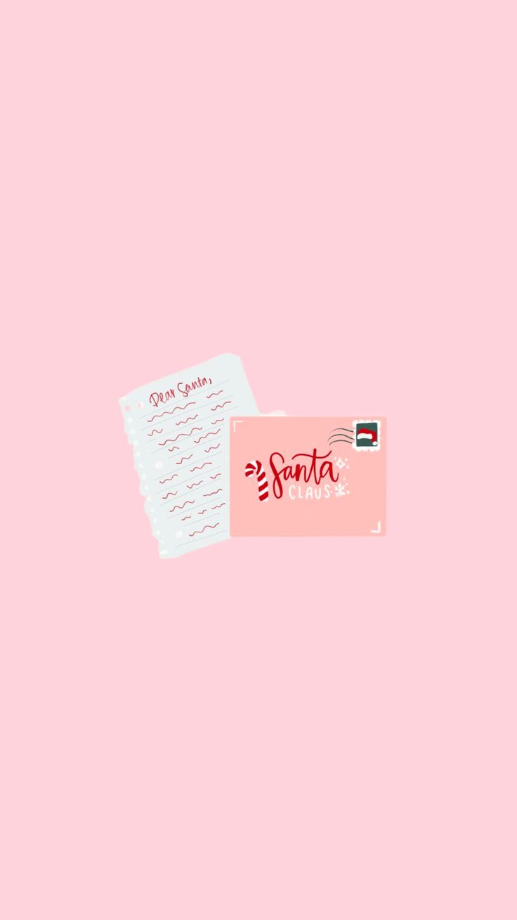 a pink card with the word santa written on it and a white piece of paper next to it