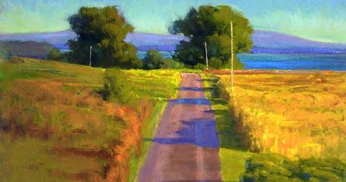 an oil painting of a country road with trees and water in the distance on a sunny day