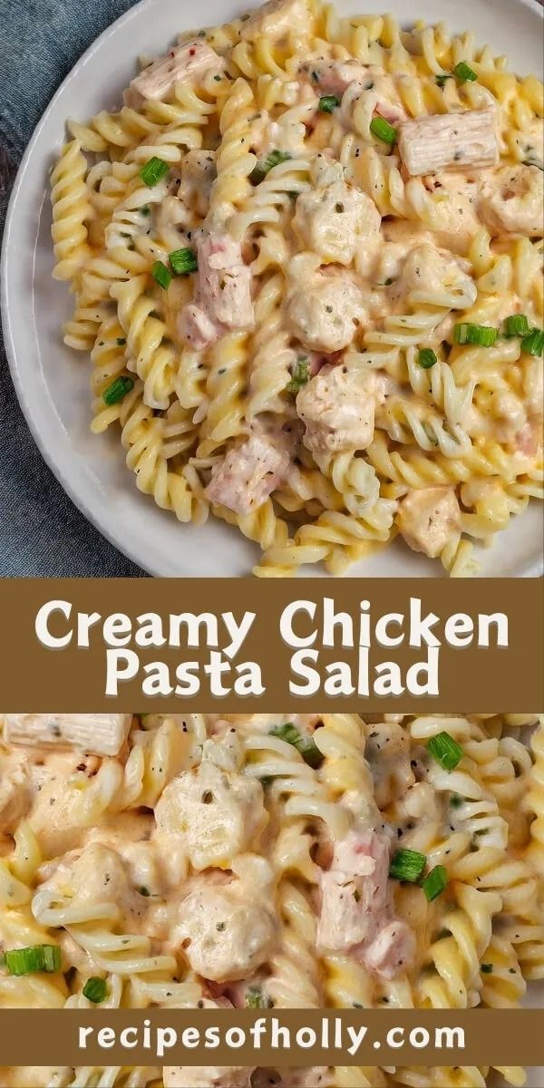 creamy chicken pasta salad on a white plate