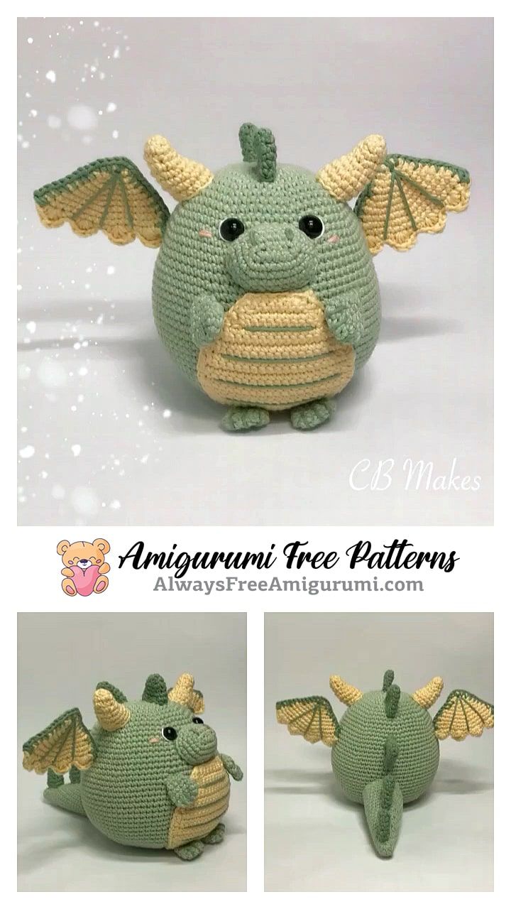 crocheted amigurt dragon stuffed animal with wings and tail, sitting on white background