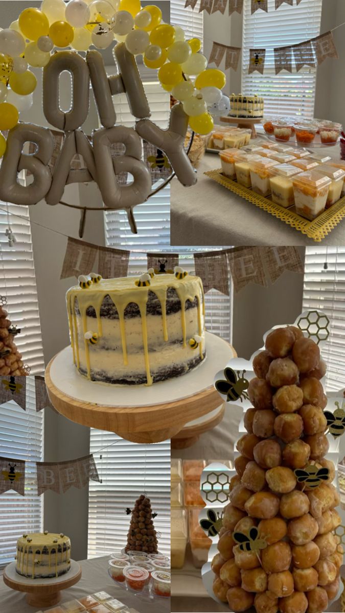 Bee cake food decorations yellow balloon What Will It Bee Gender Reveal Invite, Bee Gender Reveal Table Decor, Gender Reveal Bee Ideas, Honey Gender Reveal Ideas, What Could It Bee Gender Reveal, Bee Hive Gender Reveal Pinata, What Will You Bee Gender Reveal, What Will It Bee Gender Reveal Decor, Gender Reveal Ideas For Party Food