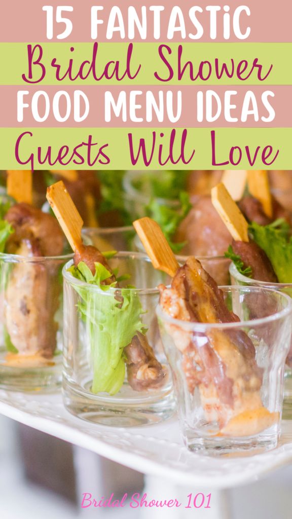 some small cups filled with food and the words 15 fantastic bridal shower menus guests will love