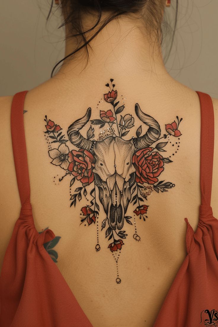 the back of a woman's neck with an animal skull and flowers on it