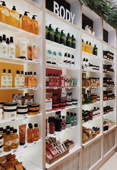 the shelves are filled with many different types of body care products