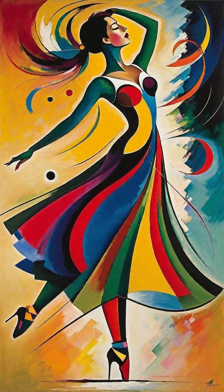 a painting of a woman dancing with her hands in the air and colorful colors on it