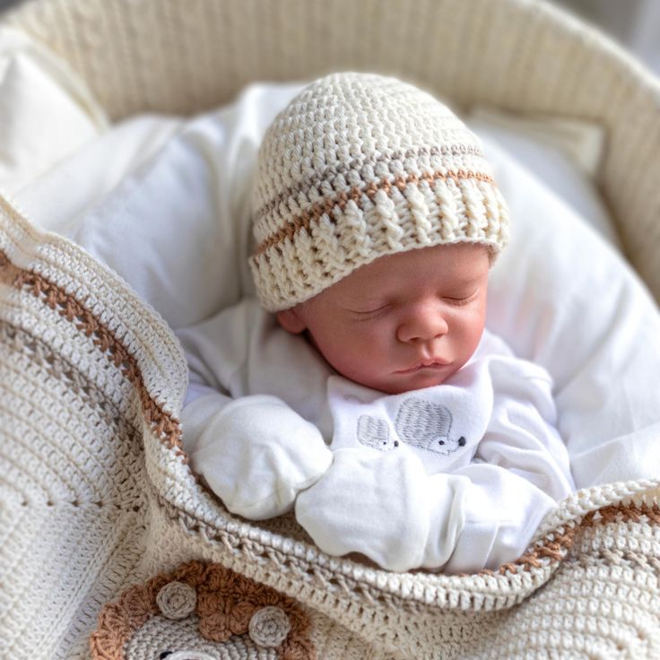 a baby is sleeping in a crocheted basket with a hat on it's head