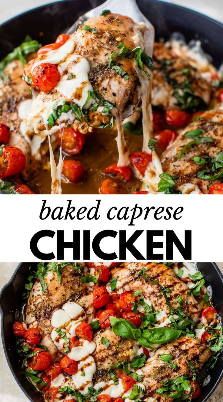 baked caprese chicken in a skillet with tomatoes and spinach