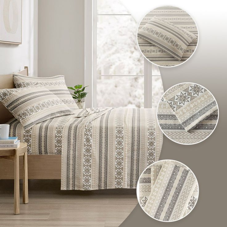 the bed is made and has four different patterns on it, including one with a striped comforter