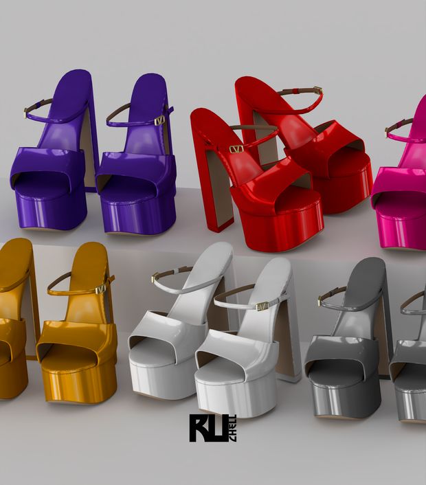 there are many different colored high heeled shoes