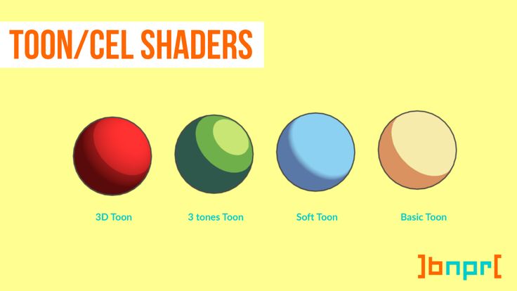 four different colored balls with the words ton / cel shaders in each one