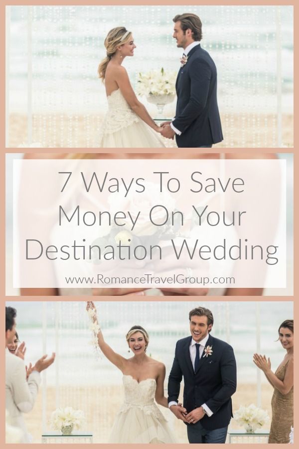 the bride and groom are getting married on their wedding day with text overlay that reads 7 ways to save money on your destination wedding