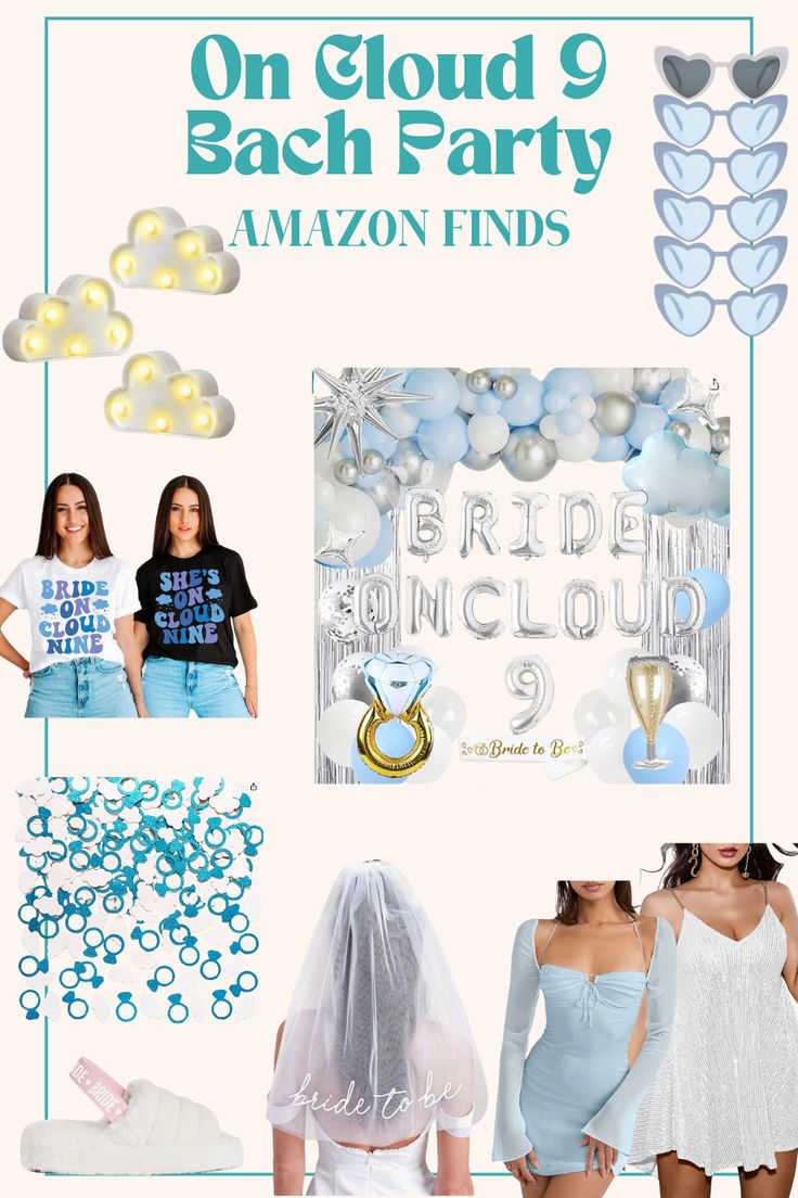 an advertisement for a bridal party with blue and white decorations, bride's veils