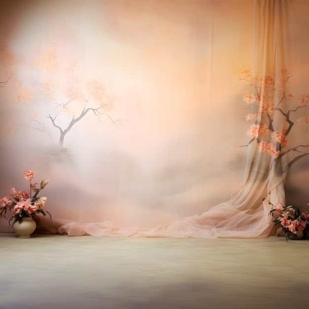 two vases filled with flowers sitting on top of a table next to a curtain