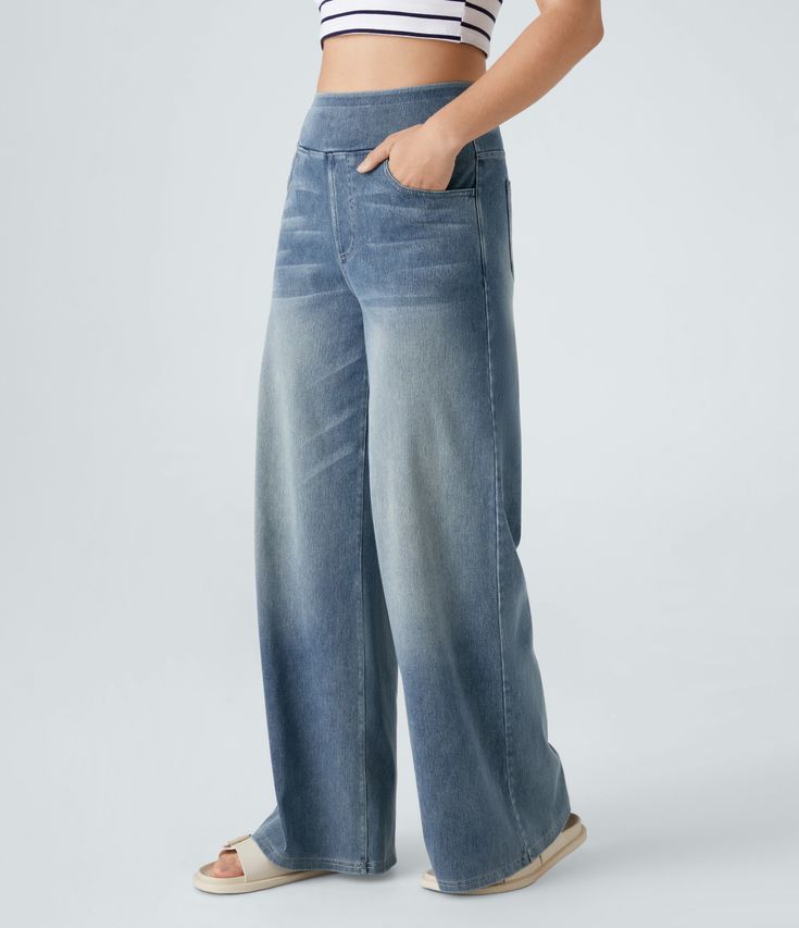 Wide Leg Work Pants, High Waisted Wide Leg Jeans, Quoi Porter, Knit Denim, Leg Work, Bleach Wash, Floral Pants, Grey Denim, Pullover Shirt