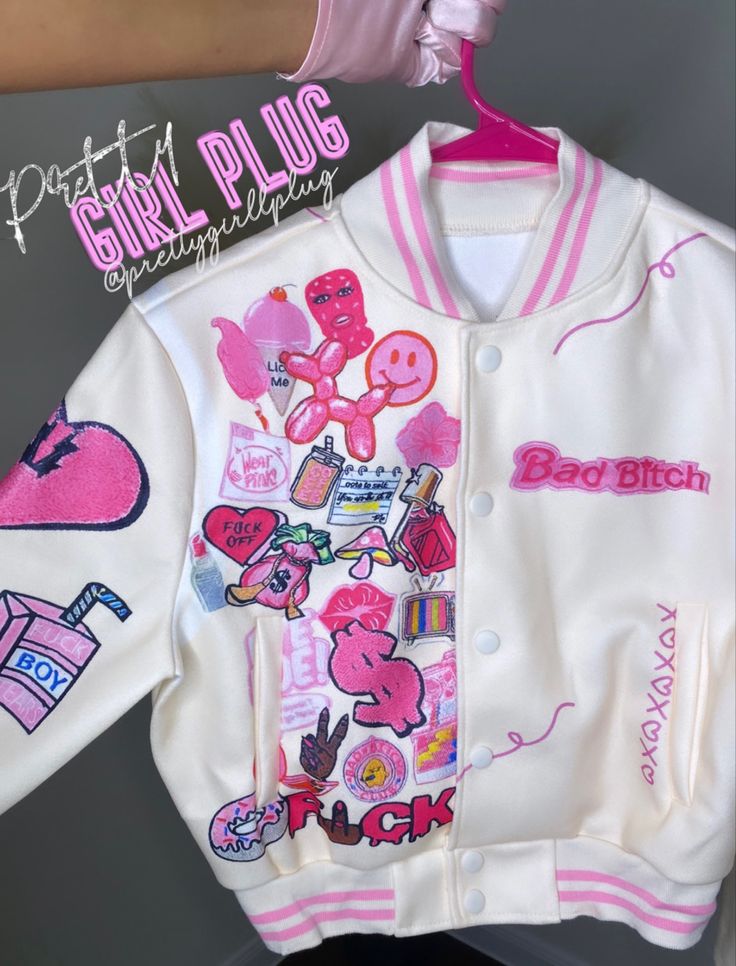 Kawaii Varsity Jacket, Pastel Varsity Jacket, Y2k Varsity Jacket, Barbie Varsity Jacket, Hello Kitty Varsity Jacket, Anime Varsity Jacket, Varsity Patch Ideas, Patch Jacket Outfit, Pink Varsity Jacket Outfit