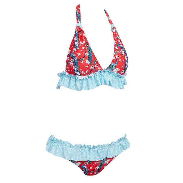 No, That’s Not The Brand Lol I Just Really Wish It Was My Size! This Is An Adorable New With Tags Bikini Red With Peacock Print And Blue Ruffles. Never Been Worn. Swim Suit Season Is Coming!!! Playful Ruffle Tankini For Vacation, Playful Ruffled Tankini For Vacation, Playful Ruffled Tankini For The Beach, Playful Ruffled Tankini For Beach Season, Playful Ruffled Tankini For Pool, Playful Ruffled Tankini For The Pool, Halter Neck Swimwear With Ruffles For Pool, Ruffled Halter Neck Swimwear For Pool, Halter Neck Ruffled Swimwear For Pool