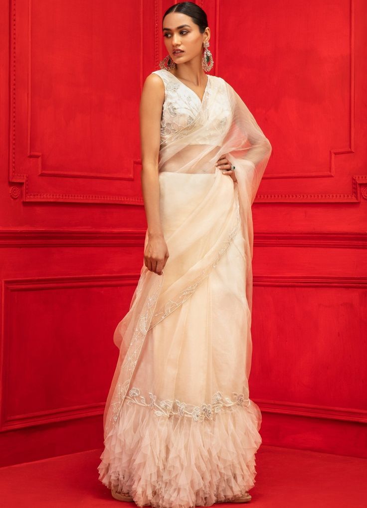 Ivory Pre-Draped Embellished Organza Saree Set With Ruffle Detailing Mahima Mahajan - Fabilicious Fashion Draped Sarees, Mahima Mahajan, Lehenga Style Saree, Indian Bridesmaid Dresses, White Embroidered Blouse, Drape Saree, Embroidered Saree, Embellished Blouse, Lady Fashion