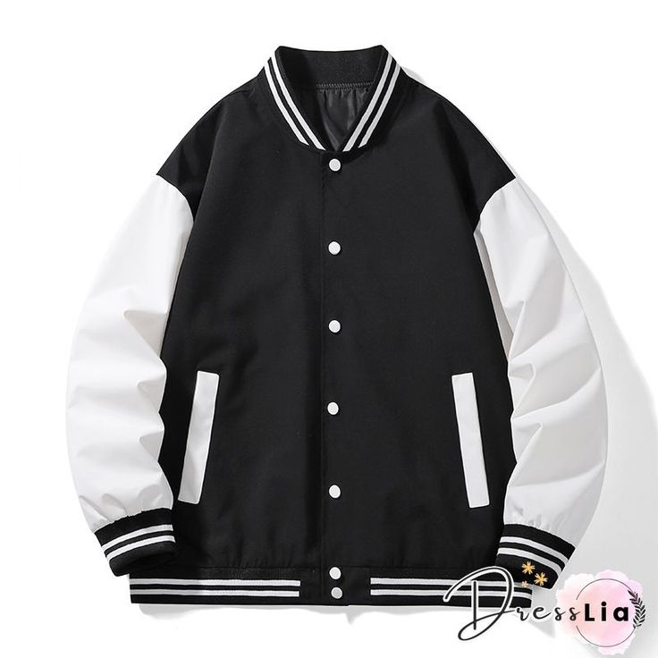 Trendy Casual Jacket Black Varsity Jacket With Stand Collar And Pockets, Sporty Black Outerwear With Button Closure, Black Varsity Jacket With Stand Collar For Spring, Black Varsity Jacket With Buttons, Black Track Jacket For College In Spring, Black Track Jacket For College, Spring Season, Casual White Varsity Jacket With Stand Collar, Black Varsity Outerwear For Spring, Black Varsity Long Sleeve Outerwear