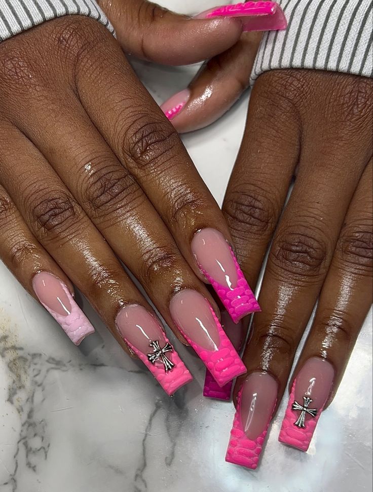 Acrylic full set with reptile detail and chrome hearts charms Medium Croc Nails, Pink Reptile Nails, Nail Croc Design, Reptile French Tip Nails, Crocidle Nail Design Pink, Pink Gator Nails, Croc Print French Tip Nails Short, Pink Croc Nails Acrylic, Alligator Nails French Tip