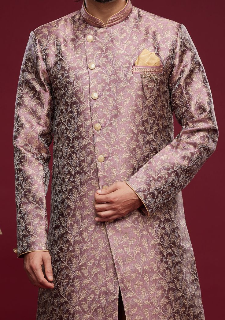 Ready-Made Sherwani With Peshawari Trouser. All Over Jacquard Brocade Style Fabric Top. Art Silk Peshawari Ready Made Trouser. Crafted in Chinese Collar Neck, and Full Sleeve. Satin Lining with Plain Work. High-Quality Matching Buttons. Please Note: The footwear shown in the picture is for presentation and photography purpose only. Color: There might be slight color variation due to lightings and flashes while photo shooting. The color may also vary because of different screen resolutions. Wash Western Party Wear, Punjabi Boutique, Mens Sherwani, Western Party, Western Parties, Indian Kurta, Chinese Collar, Readymade Saree, Collar Neck