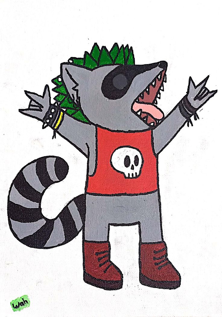 a drawing of a raccoon wearing a red shirt