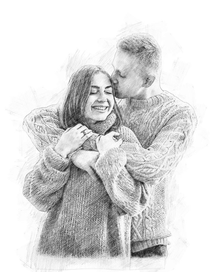 a pencil drawing of a couple hugging each other