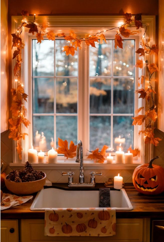 a kitchen sink under a window filled with candles and fall leaves on the windowsill