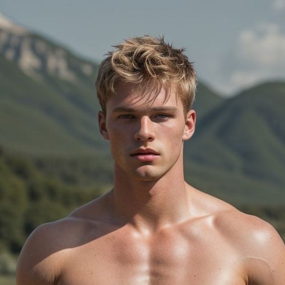 a shirtless young man standing in front of mountains