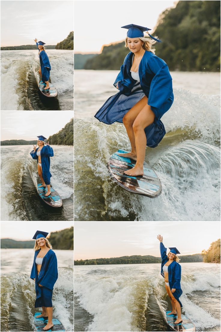 a collage of photos showing a woman on a surfboard