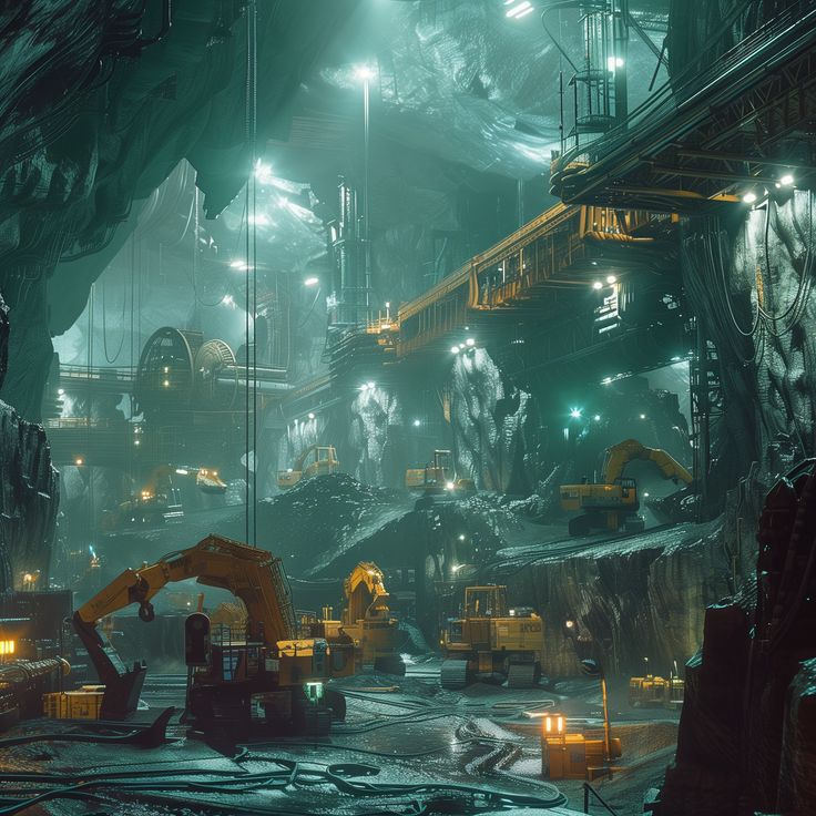 an industrial scene with heavy machinery in the foreground and lights shining on the ground