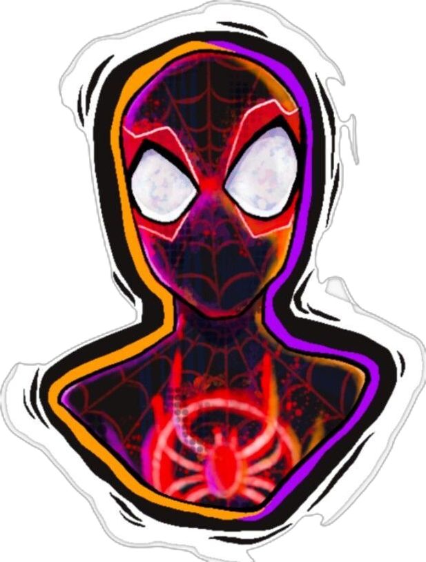 a spider man sticker with glowing eyes and an orange, purple, and yellow outline