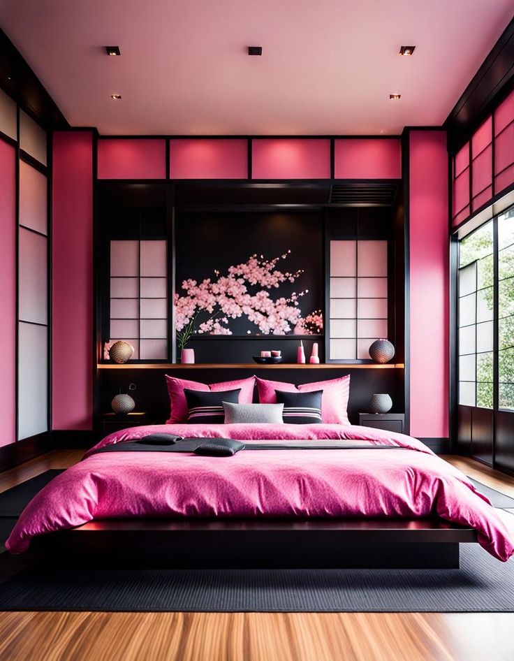 a bedroom with pink and black decor in the corner, along with wood flooring