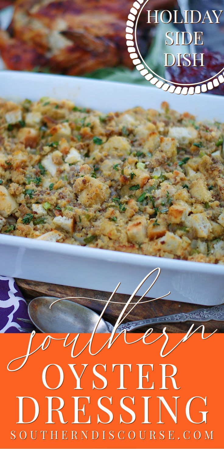 a casserole dish is shown with the words southern oyster dressing