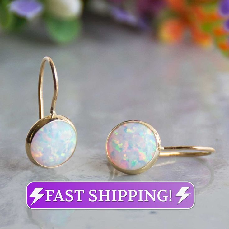 White Opal Earrings Gemstone Earrings 14K Gold Opal | Etsy White Ear Wire Fine Jewelry, White Fine Jewelry With Ear Wire, 14k Gold White Hypoallergenic Earrings, White Oval Hoop Earrings For Gift, White Round Jewelry With Matching Earrings, White Jewelry With Matching Earrings, Formal White Earrings With Round Stones, Anniversary Earrings With Round Ear Wire, Formal White Round Stone Earrings