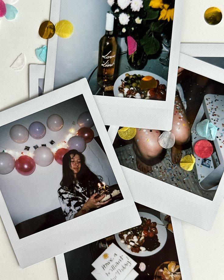 four polaroid photos with balloons and confetti on the table next to them