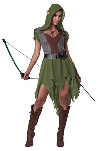 a woman dressed in a green costume holding a bow and arrow with both hands on her hip