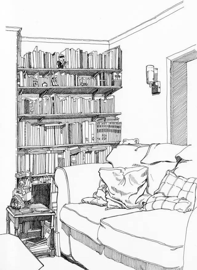 a black and white drawing of a living room with bookshelf in the background