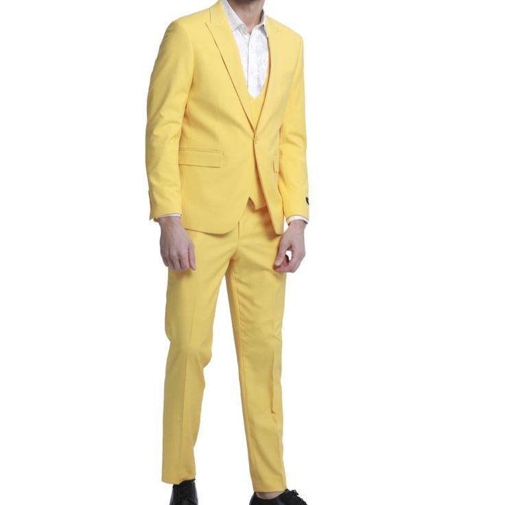 Jacket Single Breasted Solid One Button Closure Peak Lapel Side Flap Pockets - Pants Skinny Fit Solid Vest Double Breasted Yellow Tailored Suit For Semi-formal Occasions, Elegant Fitted Yellow Pantsuit, Elegant Yellow Pantsuit For Formal Occasions, Yellow Fitted Blazer For Semi-formal Occasions, Yellow Notch Lapel Suit For Formal Occasions, Yellow Notch Lapel Suit For Work, Yellow Notch Lapel Suits For Work, Yellow Notch Lapel Suits For Formal Occasions, Formal Yellow Suits With Notch Lapel