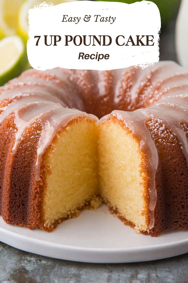 a bundt cake on a white plate with a bite taken out of it and the words, easy & tasty 7 pound cake recipe