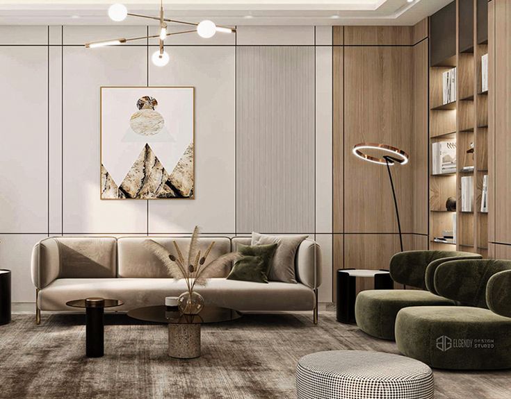 a living room filled with lots of furniture next to a wall covered in bookshelves