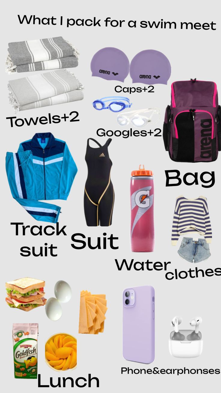 an image of the contents of a bag and what to pack for a swim meet