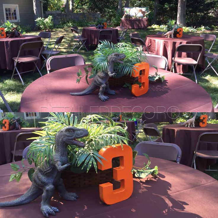 there are two pictures of a dinosaur planter on top of a table with the number 3