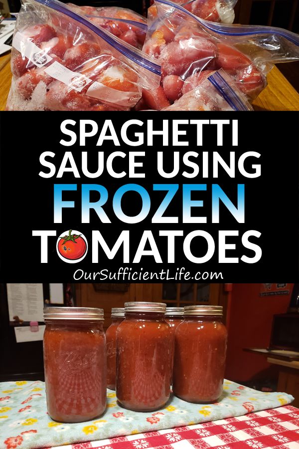 three jars filled with sauce sitting on top of a table next to bags of frozen tomatoes