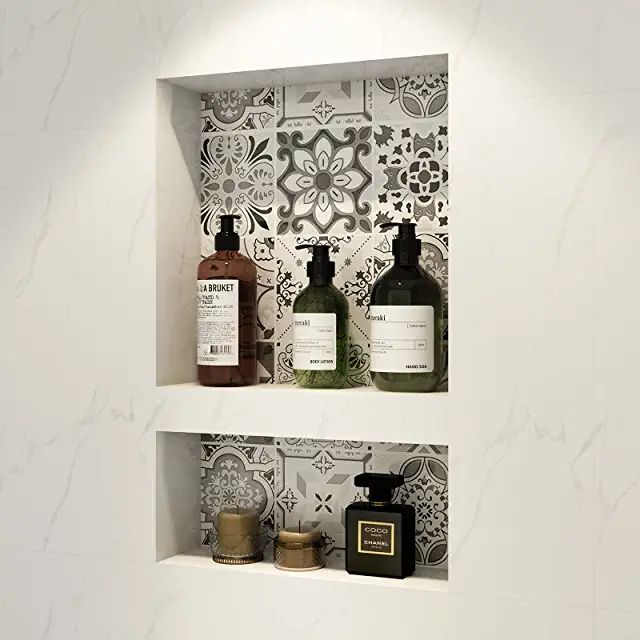 two shelves with soaps and lotions on them