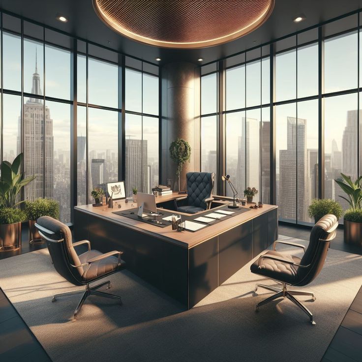 an office with large windows and a desk in front of the window is surrounded by leather chairs