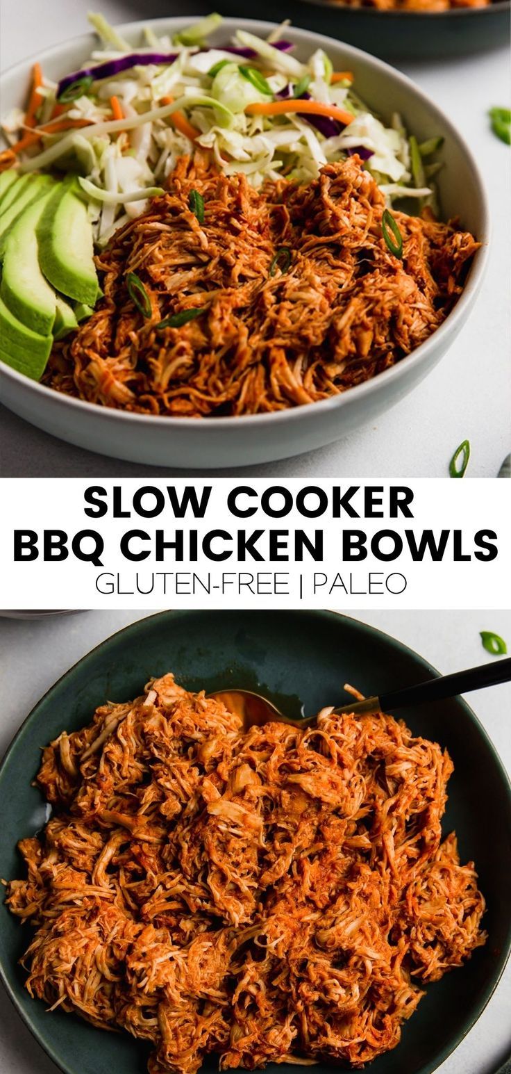 slow cooker bbq chicken bowls with coleslaw and avocado on the side